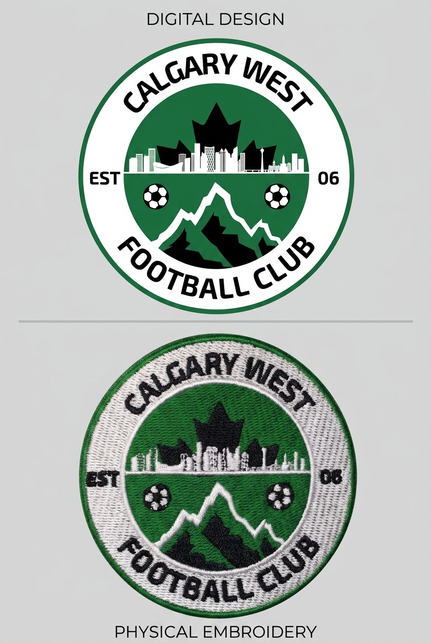 Calgary West Football Club Embroidery: Design vs Finished Patch
